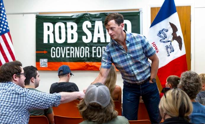 July 15, 2026 - Corning, Iowa, USA - ROB SAND, Democratic candidate for governor of Iowa, campaigns at the Corning Public Library, the second of four stops today during his 100 Town Hall Tour across Iowa. Corning USA  - ZUMAce6_ 20260715_zaf_ce6_016 Copyright: xBrianxCahnx