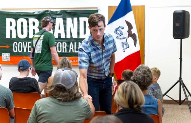 July 15, 2026 - Corning, Iowa, USA - ROB SAND, Democratic candidate for governor of Iowa, campaigns at the Corning Public Library, the second of four stops today during his 100 Town Hall Tour across Iowa. Corning USA  - ZUMAce6_ 20260715_zaf_ce6_018 Copyright: xBrianxCahnx