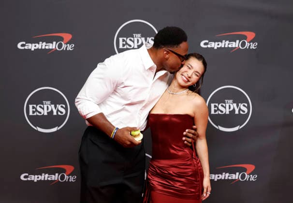 Myles Garrett holds an apple when arriving on the red carpet with Chloe Kim at the 2026 ESPY Awards at David H. Koch Theater at Lincoln Center on Wednesday, July 15, 2026 in New York City.  NYP20260715194 JOHNxANGELILLO