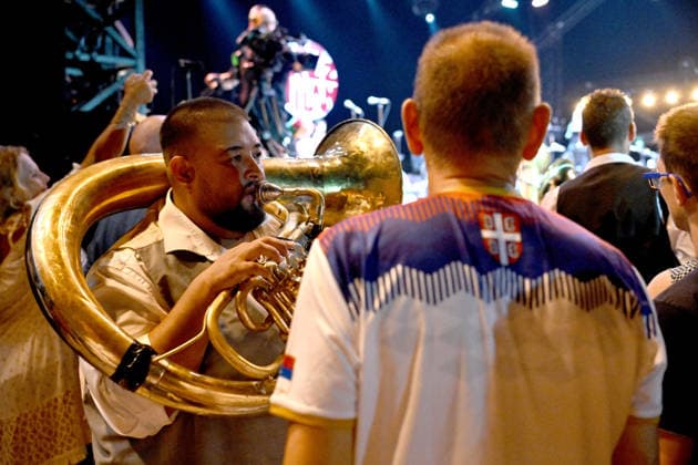 Goran Bregovic, a Bosnian composer and musician, along with his Orchestra of Weddings and Funerals, is performing on the stage at the Pinède Gould during the 65th Jazz Festival on July 15, 2026. Since 1960, the Jazz à Juan festival has welcomed the biggest names in jazz. Bruno Bebert Bestimage Goran Bregovic, a Bosnian composer and musician, with his Orchestra of Weddings and Funerals, is on stage at the Pinède Gould during the 65th Jazz Festival, on July 15, 2026. Since 1960, the Jazz à Juan festival has welcomed the biggest names in jazz. Antibes, Juan-les-Pins, France  Copyright: xBrunoxBebertx xBestimagexBrunoxBebertx xBestimagex
