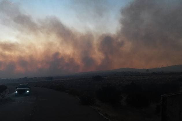 July 15, 2026, Boulevard, California, United States: Smoke and flame are seen along the road..The Thorn Fire burns near Buckthorn Trail and Clover Trail in the Boulevard Campo area of southeastern San Diego County on Wednesday, July 15, 2026. Fueled by hot, dry conditions, the wildfire spreads rapidly, prompts evacuation orders and warnings, temporarily closes portions of Interstate 8, and draws a large response from Cal Fire and local agencies. Firefighters on the ground, supported by air tankers and helicopters, work to slow the fire s advance and protect nearby homes and infrastructure as officials monitor changing fire conditions. Boulevard United States  - ZUMAs197 20260715_aaa_s197_313 Copyright: xWaixLeexMichaelxHox