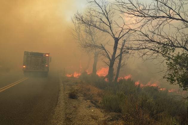 July 15, 2026, Boulevard, California, United States: Smoke and flame are seen along the road..The Thorn Fire burns near Buckthorn Trail and Clover Trail in the Boulevard Campo area of southeastern San Diego County on Wednesday, July 15, 2026. Fueled by hot, dry conditions, the wildfire spreads rapidly, prompts evacuation orders and warnings, temporarily closes portions of Interstate 8, and draws a large response from Cal Fire and local agencies. Firefighters on the ground, supported by air tankers and helicopters, work to slow the fire s advance and protect nearby homes and infrastructure as officials monitor changing fire conditions. Boulevard United States  - ZUMAs197 20260715_aaa_s197_314 Copyright: xWaixLeexMichaelxHox