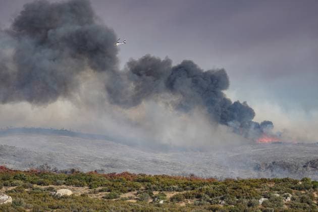 July 15, 2026, Boulevard, California, United States: Smoke and flame are seen along the road..The Thorn Fire burns near Buckthorn Trail and Clover Trail in the Boulevard Campo area of southeastern San Diego County on Wednesday, July 15, 2026. Fueled by hot, dry conditions, the wildfire spreads rapidly, prompts evacuation orders and warnings, temporarily closes portions of Interstate 8, and draws a large response from Cal Fire and local agencies. Firefighters on the ground, supported by air tankers and helicopters, work to slow the fire s advance and protect nearby homes and infrastructure as officials monitor changing fire conditions. Boulevard United States  - ZUMAs197 20260715_aaa_s197_328 Copyright: xWaixLeexMichaelxHox