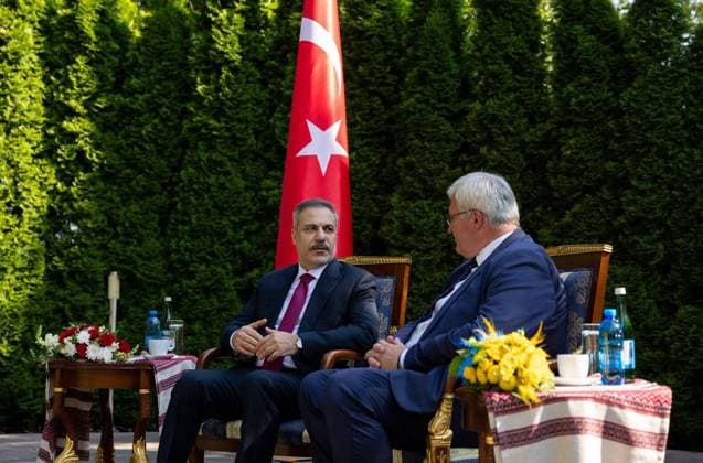 Turkish Foreign Minister Hakan Fidan in Ukraine KYIV, UKRAINE - JULY 16: Turkish Foreign Minister Hakan Fidan meets with Ukrainian Foreign Minister Andrii Sybiha in Kyiv, Ukraine on July 16, 2026. Murat Gok Anadolu Kyiv Ukraine. Editorial use only. Please get in touch for any other usage.  Copyright: x2026xAnadoluxMuratxGokx