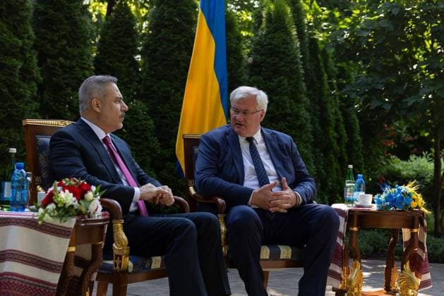Turkish Foreign Minister Hakan Fidan in Ukraine KYIV, UKRAINE - JULY 16: Turkish Foreign Minister Hakan Fidan meets with Ukrainian Foreign Minister Andrii Sybiha in Kyiv, Ukraine on July 16, 2026. Murat Gok Anadolu Kyiv Ukraine. Editorial use only. Please get in touch for any other usage.  Copyright: x2026xAnadoluxMuratxGokx