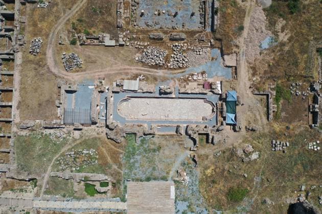 2,000-year-old Olympic pool unearthed in ancient city of Tralleis AYDIN, TURKIYE - JULY 16 : An aerial view of a swimming pool, considered to be one of the olympic pools of the era, has been unearthed during excavations carried out in the 2,000-year-old ancient city of Tralleis on July 16, 2026 in Aydin, Turkiye. Ferdi Uzun Anadolu Aydin Turkey. Editorial use only. Please get in touch for any other usage.  Copyright: x2026xAnadoluxFerdixUzunx