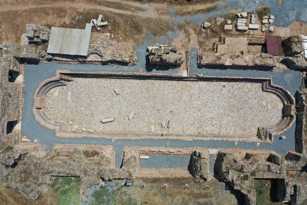 2,000-year-old Olympic pool unearthed in ancient city of Tralleis AYDIN, TURKIYE - JULY 16 : An aerial view of a swimming pool, considered to be one of the olympic pools of the era, has been unearthed during excavations carried out in the 2,000-year-old ancient city of Tralleis on July 16, 2026 in Aydin, Turkiye. Ferdi Uzun Anadolu Aydin Turkey. Editorial use only. Please get in touch for any other usage.  Copyright: x2026xAnadoluxFerdixUzunx