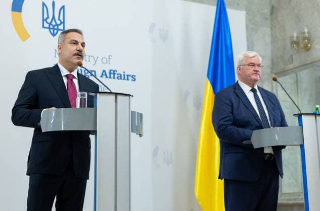 Hakan Fidan - Andrii Sybiha press conference in Kyiv KYIV, UKRAINE - JULY 16 : Turkish Foreign Minister Hakan Fidan (L) and Ukrainian Foreign Minister Andrii Sybiha (R) hold a joint press conference on July 16, 2026 in Kyiv, Ukraine. Murat Gok Anadolu Kyiv Ukraine. Editorial use only. Please get in touch for any other usage.  Copyright: x2026xAnadoluxMuratxGokx