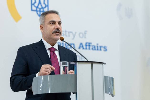 Hakan Fidan - Andrii Sybiha press conference in Kyiv KYIV, UKRAINE - JULY 16 : Turkish Foreign Minister Hakan Fidan and Ukrainian Foreign Minister Andrii Sybiha (not seen) hold a joint press conference on July 16, 2026 in Kyiv, Ukraine. Murat Gok Anadolu Kyiv Ukraine. Editorial use only. Please get in touch for any other usage.  Copyright: x2026xAnadoluxMuratxGokx