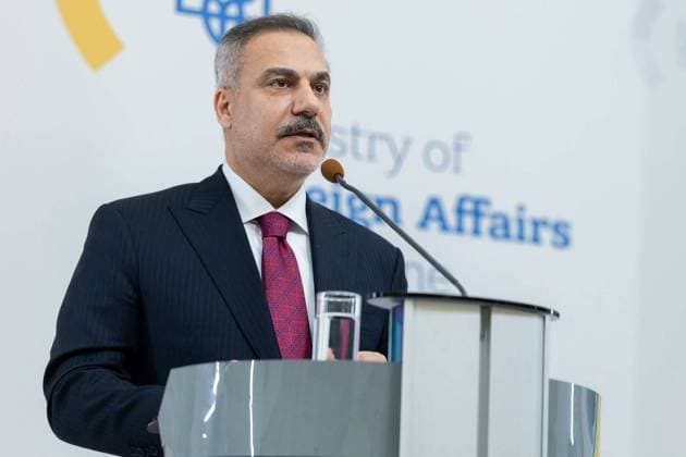 Hakan Fidan - Andrii Sybiha press conference in Kyiv KYIV, UKRAINE - JULY 16 : Turkish Foreign Minister Hakan Fidan and Ukrainian Foreign Minister Andrii Sybiha (not seen) hold a joint press conference on July 16, 2026 in Kyiv, Ukraine. Murat Gok Anadolu Kyiv Ukraine. Editorial use only. Please get in touch for any other usage.  Copyright: x2026xAnadoluxMuratxGokx