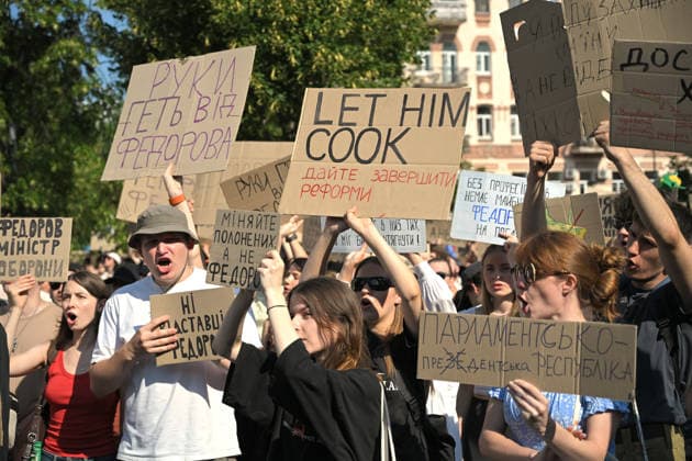 Activists hold placards during a rally against the dismissal of Ukrainian Defence Minister Mykhailo Fedorov, Kyiv, Ukraine, July 16, 2026. On July 14, the Ukrainian Parliament supported the resignation of Prime Minister Yuliia Svyrydenko, leading to the resignation of the Cabinet of Ministers. (Photo by Yevhen Kotenko Ukrinform) Protest action against dismissal of Ukrainian Defence Minister Mykhailo Fedorov in Kyiv  Copyright: xYevhenxKotenkox