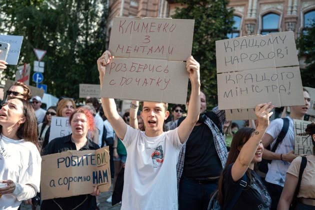 Activists hold placards during a rally against the dismissal of Ukrainian Defence Minister Mykhailo Fedorov, Kyiv, Ukraine, July 16, 2026. On July 14, the Ukrainian Parliament supported the resignation of Prime Minister Yuliia Svyrydenko, leading to the resignation of the Cabinet of Ministers. (Photo by Danylo Antoniuk Ukrinform) Protest action against dismissal of Ukrainian Defence Minister Mykhailo Fedorov in Kyiv  Copyright: xDanyloxAntoniukx