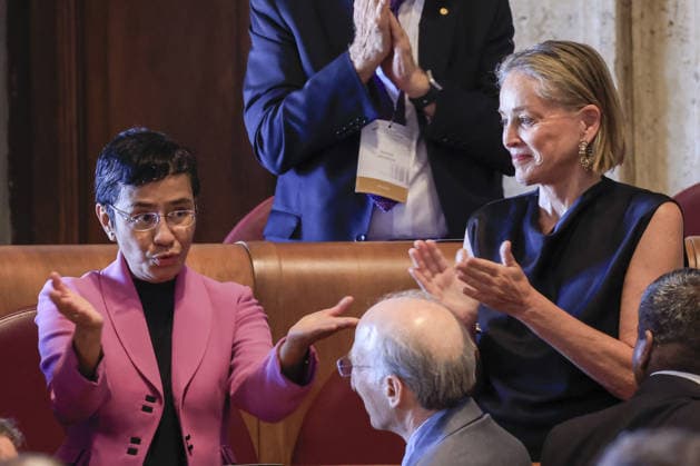 Global Nobel Laureates Assembly on Artificial Intelligence and Nuclear War in Rome ROME, ITALY, JULY 16: Maria Ressa (L), Nobel Peace Prize in 2021, and U.S. actress Sharon Stone (R) attend the last day of the Global Nobel Laureates Assembly on Artificial Intelligence and Nuclear War at the Capitoline Hill in Rome, Italy, on July 16, 2026. Riccardo De Luca Anadolu Rome Italy. Editorial use only. Please get in touch for any other usage.  Copyright: x2026xAnadoluxRiccardoxDexLucax