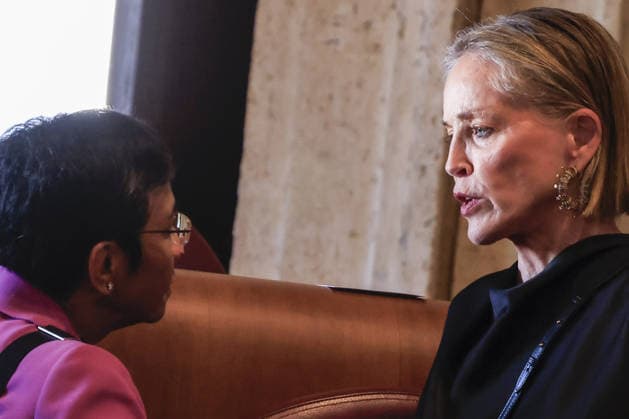 Global Nobel Laureates Assembly on Artificial Intelligence and Nuclear War in Rome ROME, ITALY, JULY 16: Maria Ressa (L), Nobel Peace Prize in 2021, listens to U.S. actress Sharon Stone (R) during the last day of the Global Nobel Laureates Assembly on Artificial Intelligence and Nuclear War at the Capitoline Hill in Rome, Italy, on July 16, 2026. Riccardo De Luca Anadolu Rome Italy. Editorial use only. Please get in touch for any other usage.  Copyright: x2026xAnadoluxRiccardoxDexLucax
