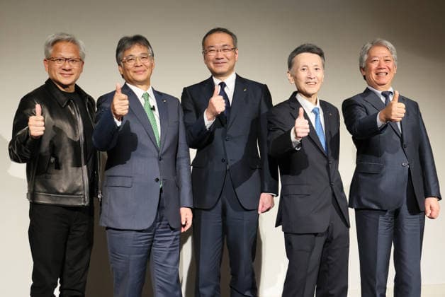 July 16, 2026, Tokyo, Japan - (L-R) American AI chip maker Nvidia founfer and CEO Jensen Huang, Japan s computer giant Fujitsu president Takahito Tokita, robotics company Fanuc president Kenji Yamaguchi, robotics company Yaskawa Electric vice chairman Masahiro Ogawa and Kawasaki Heavy Industries president Yasuhiko Hashimoto pose for photo as they announce Japanese robotics companies begin business collaboration with Fujitsu and Nvidia in the field of the physical AI at a press conference in Tokyo on Thursday, July 16, 2026. (photo by Yoshio Tsunoda AFLO)  aflo_338196624