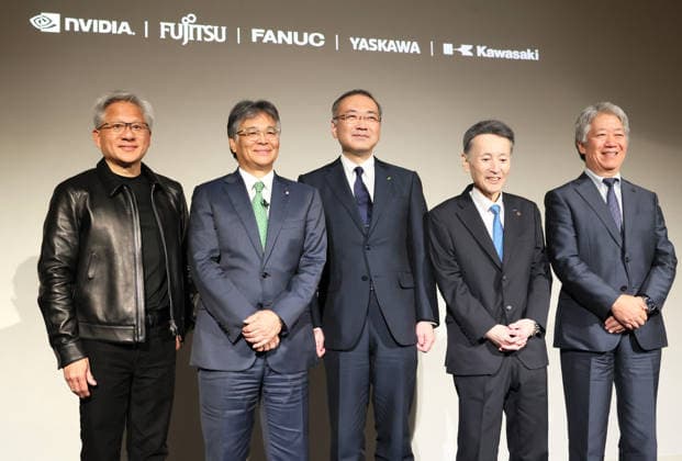 July 16, 2026, Tokyo, Japan - (L-R) American AI chip maker Nvidia founfer and CEO Jensen Huang, Japan s computer giant Fujitsu president Takahito Tokita, robotics company Fanuc president Kenji Yamaguchi, robotics company Yaskawa Electric vice chairman Masahiro Ogawa and Kawasaki Heavy Industries president Yasuhiko Hashimoto pose for photo as they announce Japanese robotics companies begin business collaboration with Fujitsu and Nvidia in the field of the physical AI at a press conference in Tokyo on Thursday, July 16, 2026. (photo by Yoshio Tsunoda AFLO)  aflo_338196655