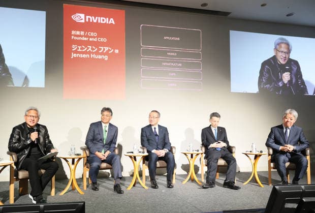 July 16, 2026, Tokyo, Japan - (L-R) American AI chip maker Nvidia founfer and CEO Jensen Huang, Japan s computer giant Fujitsu president Takahito Tokita, robotics company Fanuc president Kenji Yamaguchi, robotics company Yaskawa Electric vice chairman Masahiro Ogawa and Kawasaki Heavy Industries president Yasuhiko Hashimoto hold a press conference as they announce Japanese robotics companies begin business collaboration with Fujitsu and Nvidia in the field of the physical AI in Tokyo on Thursday, July 16, 2026. (photo by Yoshio Tsunoda AFLO)  aflo_338196657