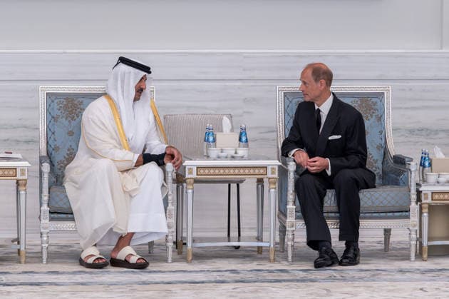 Prince Edward Meets Emir of Qatar - Doha Emir of Qatar Sheikh Tamim bin Hamad Al Thani receives Prince Edward, Duke of Edinburgh (right) who presents his condolences after the passing of Sheikh Tamim’s father, the late Emir Sheikh Hamad bin Khalifa Al Thani, at Lusail Palace, in Doha, Qatar, on July 15, 2026. Photo by Balkis Press ABACAPRESS.COM Doha Qatar  Copyright: xBalkisxPress ABACAx