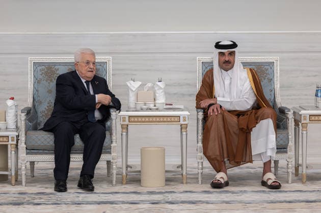 Emir of Qatar Receives Condolences from Heads of State - Doha Emir of Qatar Sheikh Tamim bin Hamad Al Thani receives Palestinian president Mahmoud Abbas or Abu Mazen (left) who presents his condolences after the passing of Sheikh Tamim’s father, the late Emir Sheikh Hamad bin Khalifa Al Thani, at Lusail Palace, in Doha, Qatar, on July 15, 2026. Photo by Balkis Press ABACAPRESS.COM Doha Qatar  Copyright: xBalkisxPress ABACAx