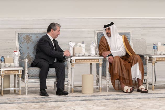 Emir of Qatar Receives Condolences from Heads of State - Doha Emir of Qatar Sheikh Tamim bin Hamad Al Thani receives Masrour Barzani, Prime Minister of the Kurdistan Region of Iraq (left) who presents his condolences after the passing of Sheikh Tamim’s father, the late Emir Sheikh Hamad bin Khalifa Al Thani, at Lusail Palace, in Doha, Qatar, on July 15, 2026. Photo by Balkis Press ABACAPRESS.COM Doha Qatar  Copyright: xBalkisxPress ABACAx
