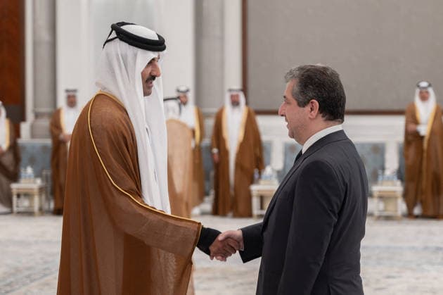 Emir of Qatar Receives Condolences from Heads of State - Doha Emir of Qatar Sheikh Tamim bin Hamad Al Thani receives Masrour Barzani, Prime Minister of the Kurdistan Region of Iraq (right) who presents his condolences after the passing of Sheikh Tamim’s father, the late Emir Sheikh Hamad bin Khalifa Al Thani, at Lusail Palace, in Doha, Qatar, on July 15, 2026. Photo by Balkis Press ABACAPRESS.COM Doha Qatar  Copyright: xBalkisxPress ABACAx