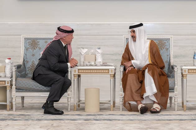King Abdullah II Meets Emir of Qatar - Doha Emir of Qatar Sheikh Tamim bin Hamad Al Thani receives Jordan’s King Abdullah II (left) who presents his condolences after the passing of Sheikh Tamim’s father, the late Emir Sheikh Hamad bin Khalifa Al Thani, at Lusail Palace, in Doha, Qatar, on July 15, 2026. Photo by Balkis Press ABACAPRESS.COM Doha Qatar  Copyright: xBalkisxPress ABACAx