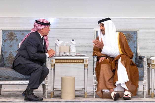King Abdullah II Meets Emir of Qatar - Doha Emir of Qatar Sheikh Tamim bin Hamad Al Thani receives Jordan’s King Abdullah II (left) who presents his condolences after the passing of Sheikh Tamim’s father, the late Emir Sheikh Hamad bin Khalifa Al Thani, at Lusail Palace, in Doha, Qatar, on July 15, 2026. Photo by Balkis Press ABACAPRESS.COM Doha Qatar  Copyright: xBalkisxPress ABACAx