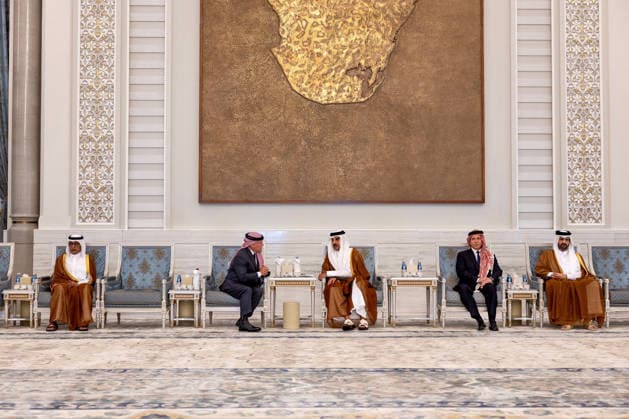 King Abdullah II Meets Emir of Qatar - Doha Emir of Qatar Sheikh Tamim bin Hamad Al Thani receives Jordan’s King Abdullah II (second from L) who presents his condolences after the passing of Sheikh Tamim’s father, the late Emir Sheikh Hamad bin Khalifa Al Thani, at Lusail Palace, in Doha, Qatar, on July 15, 2026. Photo by Balkis Press ABACAPRESS.COM Doha Qatar  Copyright: xBalkisxPress ABACAx