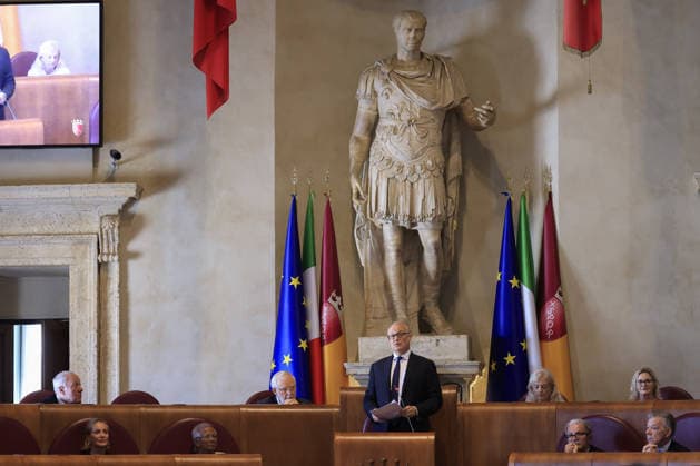 Global Nobel Laureates Assembly on Artificial Intelligence and Nuclear War in Rome ROME, ITALY - JULY 16: Rome’s Mayor Roberto Gualtieri (C) speaks during the last day of the Global Nobel Laureates Assembly on Artificial Intelligence and Nuclear War at the Capitoline Hill in Rome, Italy, on July 16, 2026. Riccardo De Luca Anadolu Rome Italy. Editorial use only. Please get in touch for any other usage.  Copyright: x2026xAnadoluxRiccardoxDexLucax