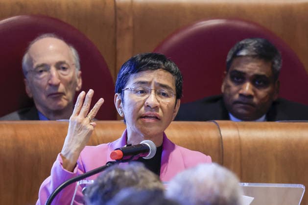 Global Nobel Laureates Assembly on Artificial Intelligence and Nuclear War in Rome ROME, ITALY - JULY 16: Maria Ressa, Nobel Peace Prize in 2021, speaks during the last day of the Global Nobel Laureates Assembly on Artificial Intelligence and Nuclear War at the Capitoline Hill in Rome, Italy, on July 16, 2026. Riccardo De Luca Anadolu Rome Italy. Editorial use only. Please get in touch for any other usage.  Copyright: x2026xAnadoluxRiccardoxDexLucax