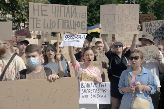 Ukrainians protest in Kyiv following the dismissal of Defence Minister Mykhailo Fedorov. The previous day, President Volodymyr Zelensky announced the removal of the widely popular minister as part of a broader cabinet reshuffle. - 16 07 2026 - Ukraine Kyiv Oblast Kyiv () -  LouisxLemaire-Sicrex xLexPictorium LePictorium_0339092