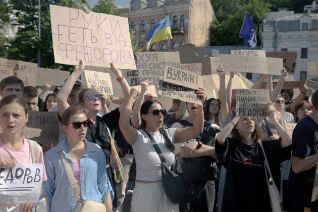 Ukrainians protest in Kyiv following the dismissal of Defence Minister Mykhailo Fedorov. The previous day, President Volodymyr Zelensky announced the removal of the widely popular minister as part of a broader cabinet reshuffle. - 16 07 2026 - Ukraine Kyiv Oblast Kyiv () -  LouisxLemaire-Sicrex xLexPictorium LePictorium_0339099
