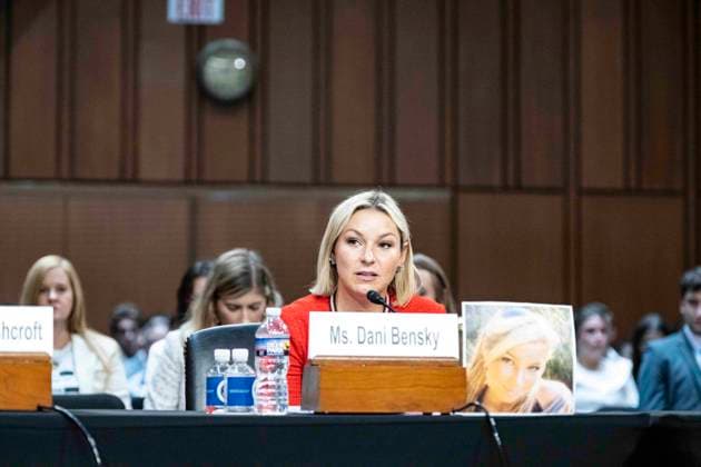 Todd Blanche Confirmation Hearings Dani Bensky, an Epstein survivor and advocate, from New York, NY, testifies before the US Senate Committee on the Judiciary, on the nomination of Todd Blanche to be United States Attorney General, in the Hart Senate Office Building on Capitol Hill in Washington, DC, USA, on Thursday, July 16, 2026. Photo by Andrew Thomas CNP ABACAPRESS.COM Washington District of Columbia United States  Copyright: xCNP ABACAx