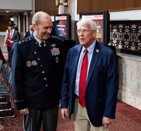 July 16, 2026, Washington, District Of Columbia, USA: United States Space Force Lieutenant General Douglas A Schiess, left, speaks with United States Senator Roger Wicker (Republican of Mississippi), Chair, US Senate Committee on Armed Services, right, prior to giving testimony before the committee on his nomination to be Chief of Space Operations and promoted to the grade of General, during a hearing in the in the Dirksen Senate Office Building on Capitol Hill in Washington, DC, USA, on Thursday, July 16, 2026 Washington USA  - ZUMAs152 20260716_faa_s152_071 Copyright: xAndrewxThomasx