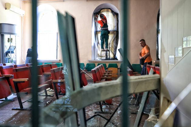 RECORD DATE NOT STATED Workers carry out cleanup work following a Russian missile strike on the Odesa Vocational College of Maritime and Railway Transport in Odesa, Ukraine, on July 16, 2026. The attack shattered windows and damaged the roof and ceilings of the educational institution (Photo by Nina Liashonok Ukrinform) Russian missile strike damages maritime college building in Odesa  Copyright: xNinaxLiashonokx