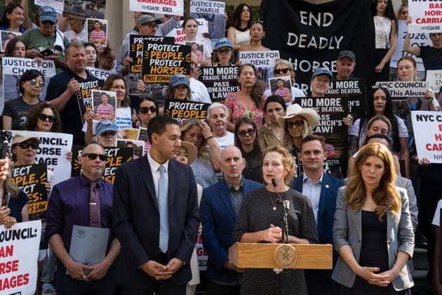 July 16, 2026, New York, New York, USA: The City Council held a hearing to consider a bill, known as RomanchÃ¢â‚¬â ¢s Law, that would phase out and eventually ban horse-drawn carriages. . Actress Edie Falco, widely known for her role as Carmela, the wife of Tony Soprano on the HBO series The Sopranos, spoke at the rally and testified at the hearing, in favor of the proposed bill. Standing with Falco is Council member Christopher Marte, a sponsor of the bill, and Council Speaker Julie Menin...The bill is named after the 18-year-old tourist from India who was killed last month when he was thrown from a runaway carriage in Central Park after the horse was spooked. New York USA  - ZUMAs142 20260716_fap_s142_004 Copyright: xNancyxSieselx