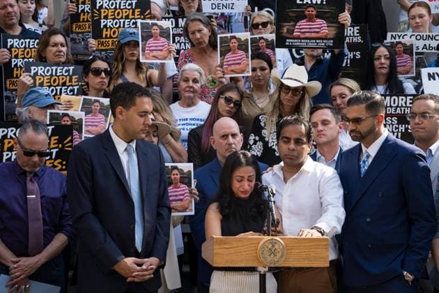July 16, 2026, New York, New York, USA: The City Council held a hearing to consider a bill, known as RomanchÃ¢â‚¬â ¢s Law, that would phase out and eventually ban horse-drawn carriages. Romanch Mahajan s aunt and uncle spoke at the rally and testified in support of the bill...The bill is named after the 18-year-old tourist from India who was killed last month when he was thrown from a runaway carriage in Central Park after the horse was spooked. New York USA  - ZUMAs142 20260716_fap_s142_016 Copyright: xNancyxSieselx