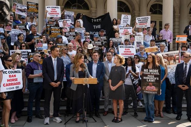 July 16, 2026, New York, New York, USA: The City Council held a hearing to consider a bill, known as RomanchÃ¢â‚¬â ¢s Law, that would phase out and eventually ban horse-drawn carriages...The bill is named after the 18-year-old tourist from India who was killed last month when he was thrown from a runaway carriage in Central Park after the horse was spooked. New York USA - ZUMAs142 20260716_fap_s142_007 Copyright: xNancyxSieselx