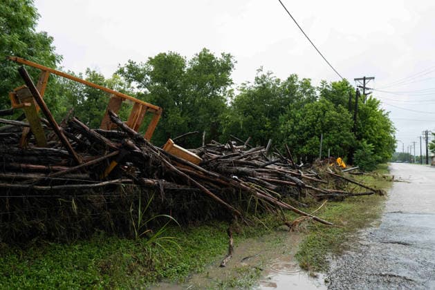 July 16, 2026: Large debris covers the road into River road from rising waters of the Guadalupe River. Center Point, Texas. CSM. Center Point United States of America - ZUMAc04_ 1080158475st Copyright: xMarioxCantux