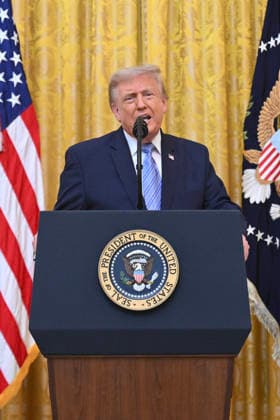 President Donald Trump delivers a prime-time address to the nation from the East Room of the White House in Washington DC on Thursday, July 16, 2026. The president was expected to discuss election security and voting machines. Pool photo by Saul Loeb  WAX20260716915 SAULxLOEB