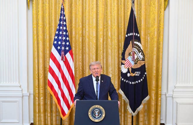 President Donald Trump delivers a prime-time address to the nation from the East Room of the White House in Washington DC on Thursday, July 16, 2026. The president was expected to discuss election security and voting machines. Pool photo by Saul Loeb  WAX20260716922 SAULxLOEB