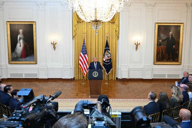 President Donald Trump delivers a prime-time address to the nation from the East Room of the White House in Washington DC on Thursday, July 16, 2026. The president was expected to discuss election security and voting machines. Pool photo by Saul Loeb  WAX20260716927 SAULxLOEB
