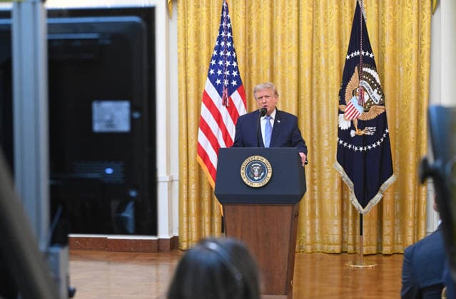 President Donald Trump delivers a prime-time address to the nation from the East Room of the White House in Washington DC on Thursday, July 16, 2026. The president was expected to discuss election security and voting machines. Pool photo by Saul Loeb  WAX20260716929 SAULxLOEB