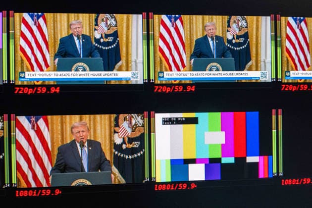 President Trump Gives Prime-Time Address on Election Security A prime-time speech from President Donald Trump plays in the James Brady Briefing Room of the White House in Washington DC on Thursday, July 16, 2026. The president was expected to discuss election security and voting machines. Photo by Aaron Schwartz Pool ABACAPRESS.COM WASHINGTON DC United States  Copyright: xPool ABACAx