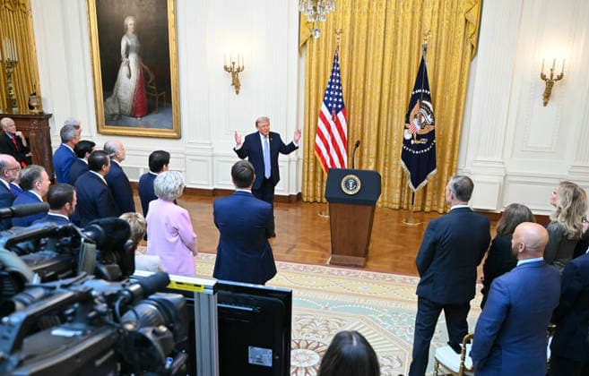 President Donald Trump delivers a prime-time address to the nation from the East Room of the White House in Washington DC on Thursday, July 16, 2026. The president was expected to discuss election security and voting machines. Pool photo by Saul Loeb  WAX20260716941 SAULxLOEB