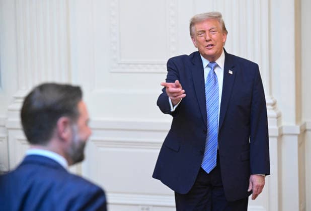 President Donald Trump points at Vice President JD Vance after delivering a prime-time address to the nation from the East Room of the White House in Washington DC on Thursday, July 16, 2026. Pool photo by Saul Loeb  WAX20260716942 SAULxLOEB
