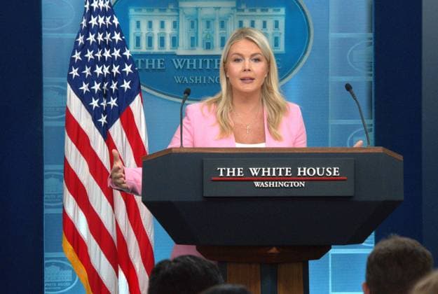 (260717) -- WASHINGTON, July 17, 2026 -- White House Press Secretary Karoline Leavitt speaks during a press conference at the White House in Washington, D.C., the United States, on July 16, 2026. The White House said on Thursday that talks between the United States and Iran were ongoing despite the renewed hostilities. We re talking to them. But again, the President is not going to allow them to fire on ships in the strait without paying a consequence for that, Leavitt told reporters at a press conference. The United States launched another round of strikes against Iran on Thursday, the U.S. Central Command said in a statement. (Photo by Xinhua) U.S.-WASHINGTON, D.C.-WHITE HOUSE-PRESS CONFERENCE LixYuanqing 