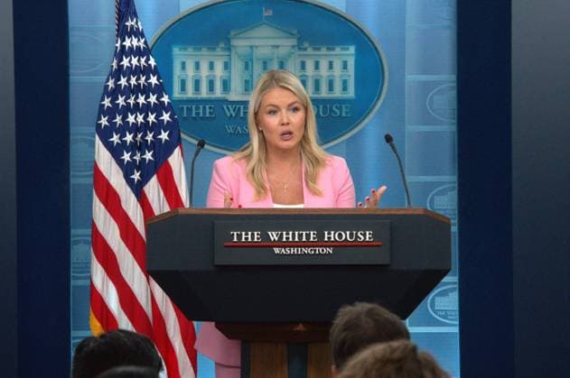 (260717) -- WASHINGTON, July 17, 2026 -- White House Press Secretary Karoline Leavitt speaks during a press conference at the White House in Washington, D.C., the United States, on July 16, 2026. The White House said on Thursday that talks between the United States and Iran were ongoing despite the renewed hostilities. We re talking to them. But again, the President is not going to allow them to fire on ships in the strait without paying a consequence for that, Leavitt told reporters at a press conference. The United States launched another round of strikes against Iran on Thursday, the U.S. Central Command said in a statement. (Photo by Xinhua) U.S.-WASHINGTON, D.C.-WHITE HOUSE-PRESS CONFERENCE LixYuanqing 