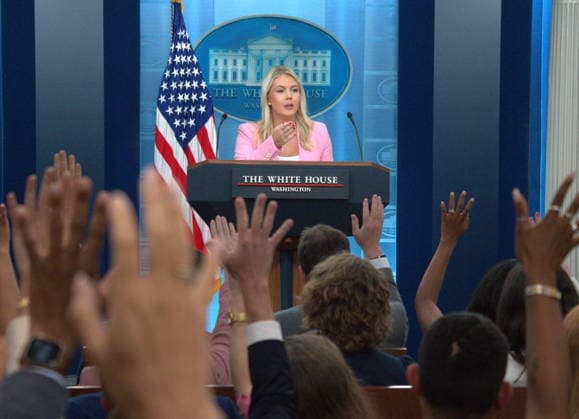 (260717) -- WASHINGTON, July 17, 2026 -- White House Press Secretary Karoline Leavitt takes questions during a press conference at the White House in Washington, D.C., the United States, on July 16, 2026. The White House said on Thursday that talks between the United States and Iran were ongoing despite the renewed hostilities. We re talking to them. But again, the President is not going to allow them to fire on ships in the strait without paying a consequence for that, Leavitt told reporters at a press conference. The United States launched another round of strikes against Iran on Thursday, the U.S. Central Command said in a statement. (Photo by Xinhua) U.S.-WASHINGTON, D.C.-WHITE HOUSE-PRESS CONFERENCE LixYuanqing 