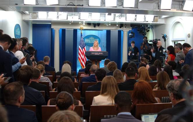 (260717) -- WASHINGTON, July 17, 2026 -- White House Press Secretary Karoline Leavitt speaks during a press conference at the White House in Washington, D.C., the United States, on July 16, 2026. The White House said on Thursday that talks between the United States and Iran were ongoing despite the renewed hostilities. We re talking to them. But again, the President is not going to allow them to fire on ships in the strait without paying a consequence for that, Leavitt told reporters at a press conference. The United States launched another round of strikes against Iran on Thursday, the U.S. Central Command said in a statement. (Photo by Xinhua) U.S.-WASHINGTON, D.C.-WHITE HOUSE-PRESS CONFERENCE LixYuanqing 